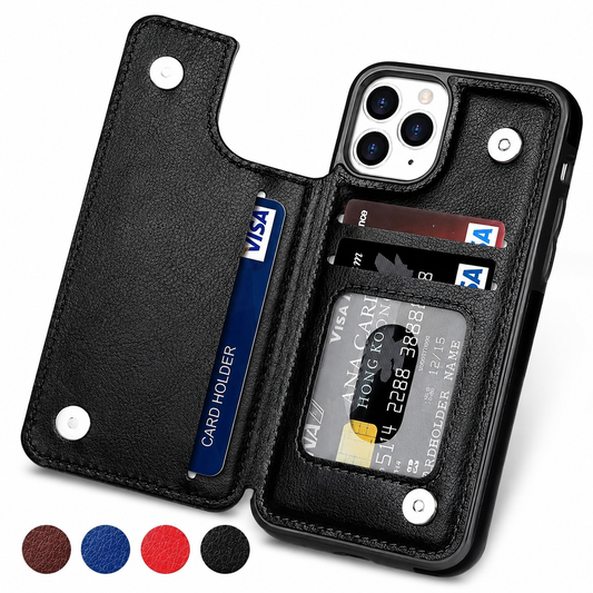 Open black wallet phone case with cards tucked into a long flap slot, stacked back slots and a transparent ID pocket. Four colored circles indicate brown, blue, red and black options.