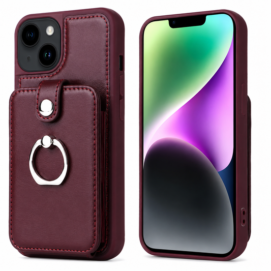 Front and rear views of an iPhone in a burgundy case on a white background. The leather-look back has stitched borders and a rectangular card pocket secured by a short snap tab. A silver folding finger ring sits on the pocket. The front view shows the matching rim around a green and purple screen.