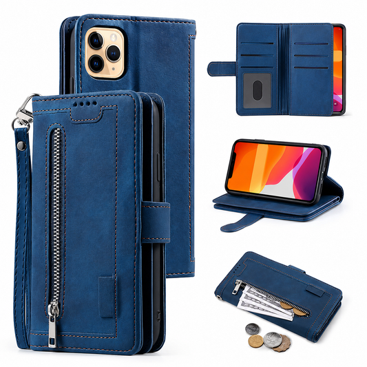 A collage shows a blue stitched wallet phone case from front and back with a long front zipper and wrist loop. Insets show card storage, a horizontal stand and cash and coins in the zipper pocket.