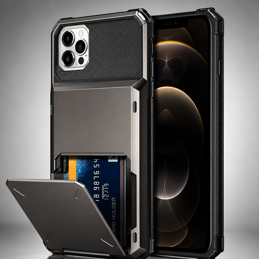 Front and rear views of a gunmetal rugged wallet case stand against gray. The rear flap folds outward to reveal stacked cards in a compartment. Black angular bumpers reinforce the corners, and the front screen shows matching curved colors against black.