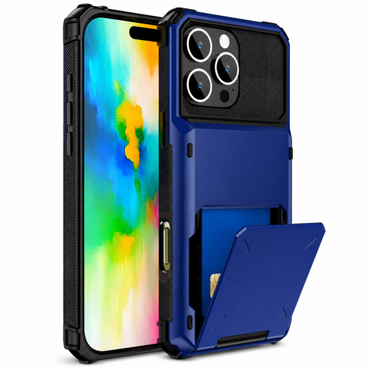 Blue rugged wallet phone case shown from front and rear, with the lower rear flap open to reveal a blue card and black textured camera panel.