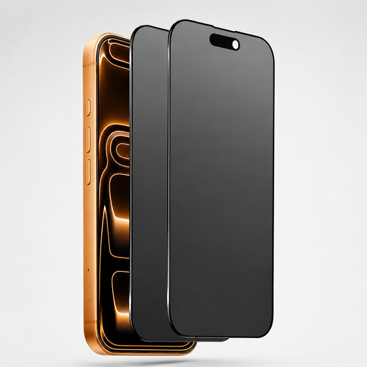 An orange-edged phone with an orange abstract screen stands behind two overlapping dark privacy screen protectors with black borders and pill-shaped top openings.