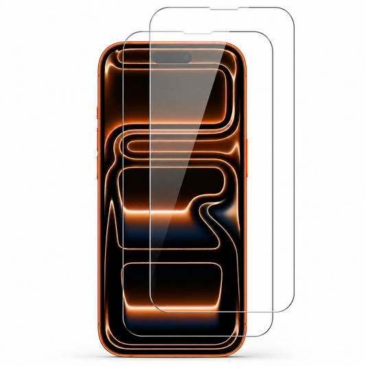 Orange-edged phone with two overlapping clear screen protectors held in front of its abstract orange screen.