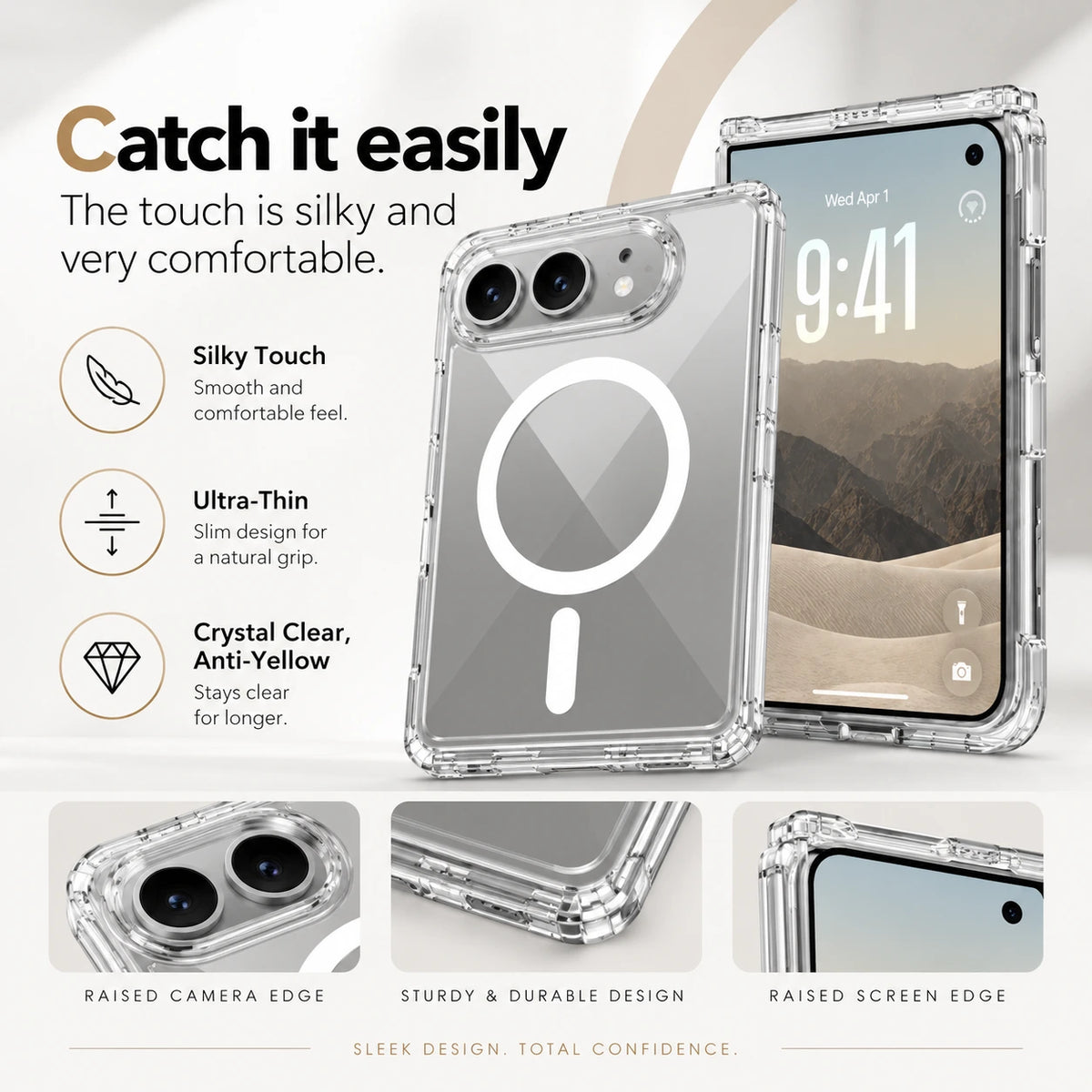 Image of iphone duo slim clear pc & tpu case, showing silkyclearmagsafecaseadvertisement.