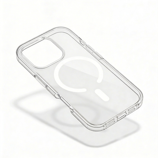 Transparent phone case floating diagonally above a shadow, showing a white horseshoe-shaped ring and bar, camera opening and clear side buttons.