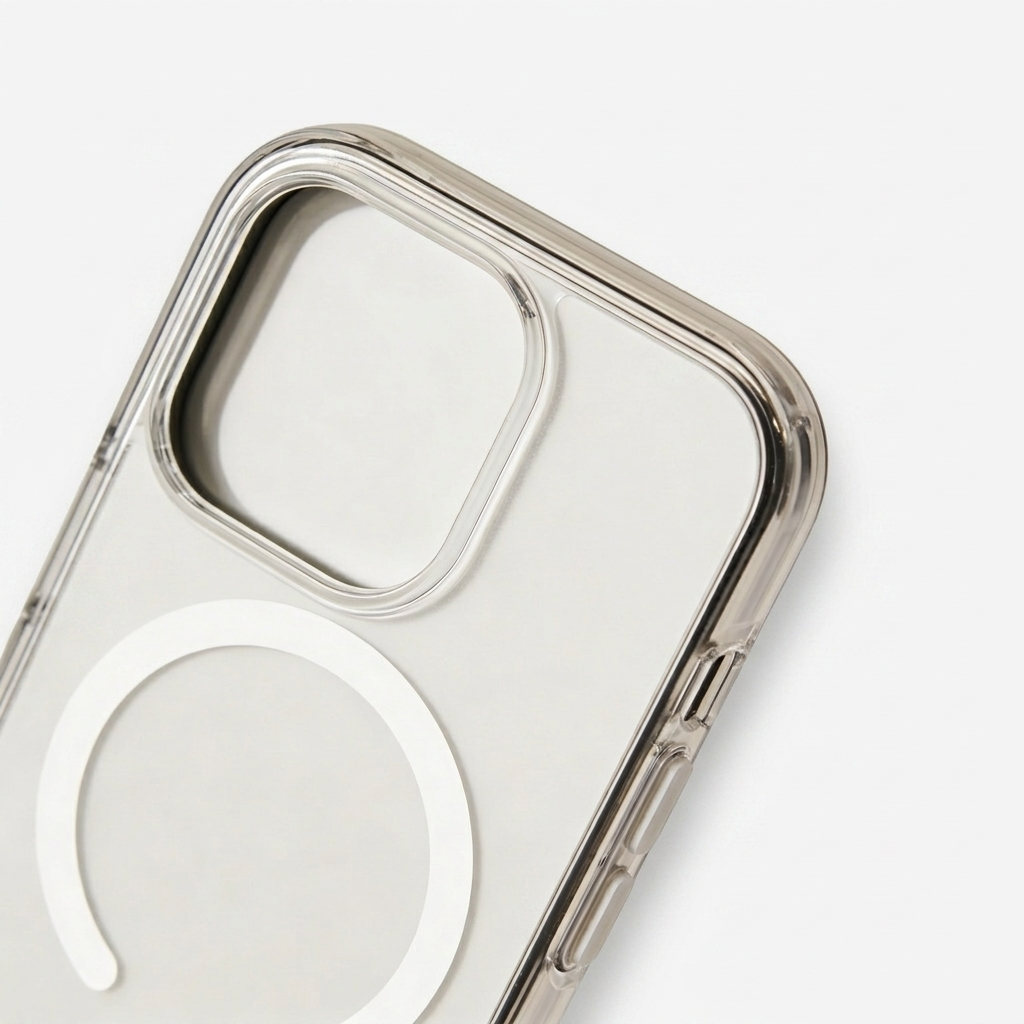 Close-up of a clear phone case's upper back and side, showing the raised camera rim, transparent buttons and part of its white circular ring.
