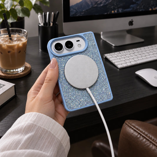A hand holds a light blue glittery phone case with a large circular MagSafe ring, shown in a modern home office setting with an Apple iMac, keyboard, and coffee cup in the background.