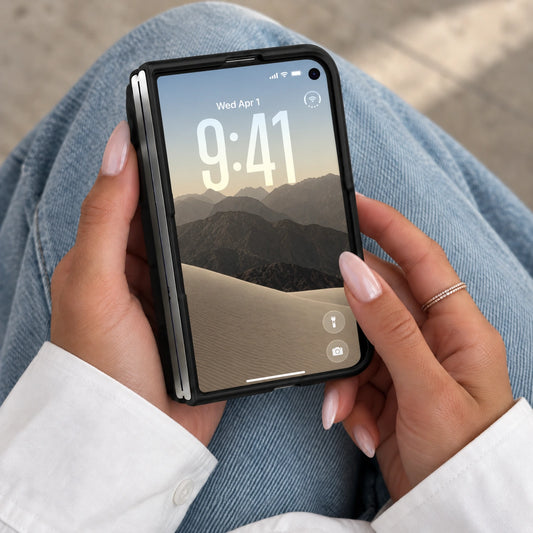 Image of iphone duo shockproof bumper case, showing iphone duo case desert lock screen.
