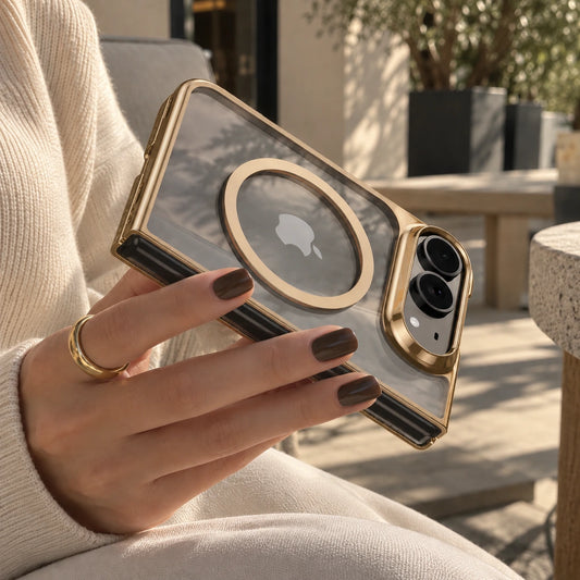 A person in a cream knit sweater holds a smartphone with a transparent case featuring a gold metallic frame, a circular magnetic ring, and a gold camera cutout. The background shows a softly blurred outdoor patio setting.