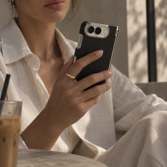 Image of iphone duo lychee grain leather texture folding phone case, showing iphone duo case lifestyle.