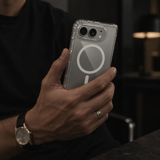 A person holding a smartphone in a dark indoor setting. The phone is fitted with a transparent protective case featuring a prominent white MagSafe-style circular magnetic ring on the back.
