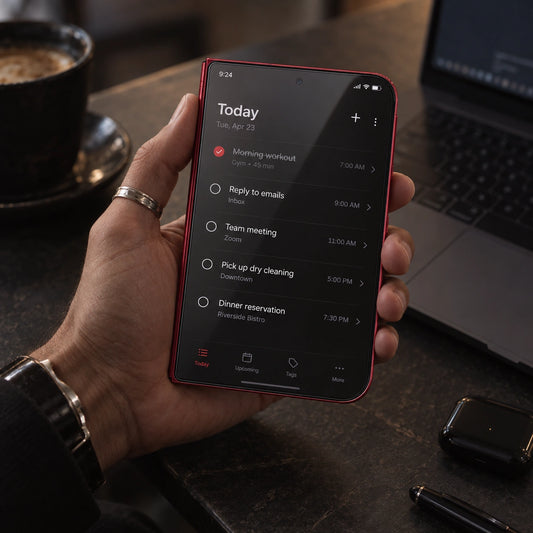 A hand holding a smartphone with a red border and a dark screen showing a calendar app, set against a blurred cafe background with a laptop and coffee cup.