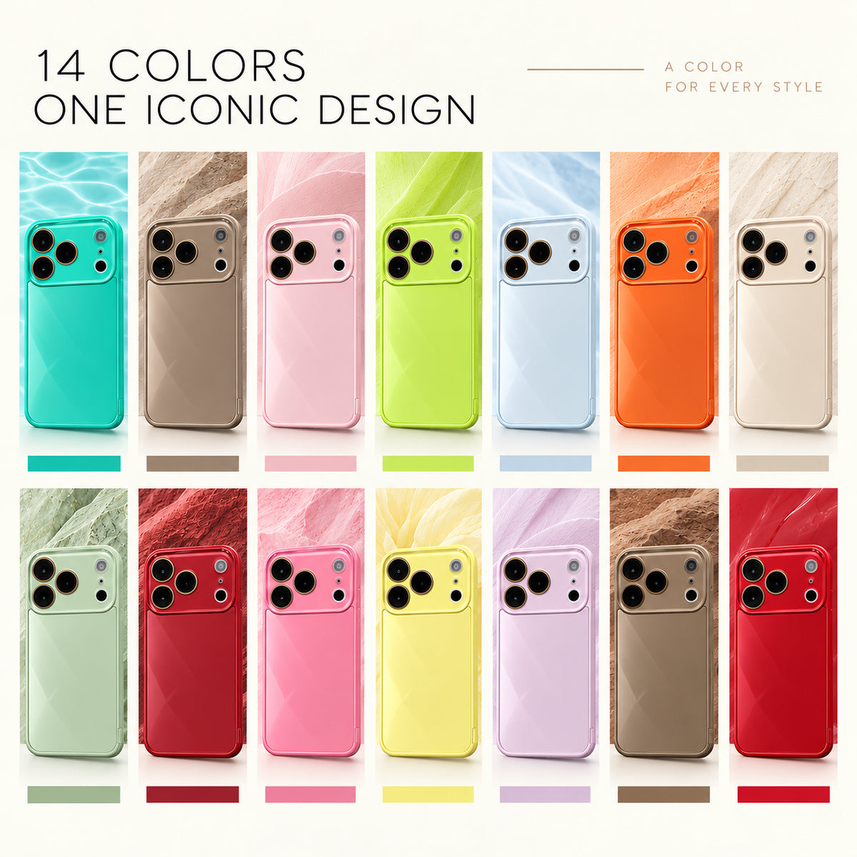 Image showing 14Colours One Iconic Design, featuring iphone slim shockproof case with tempered glass back & camera protection.