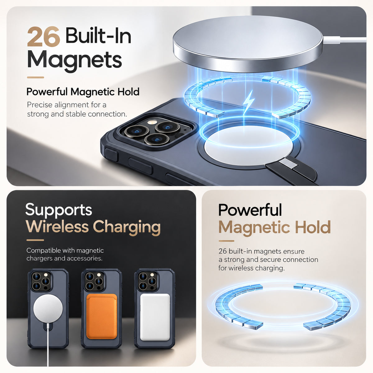 A promotional infographic for a phone case with 26 built-in magnets, showing a smartphone resting on a charging pad, three phone cases with magnetic accessories, and text highlighting powerful magnetic hold and wireless charging support.