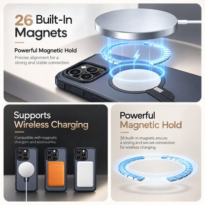 A promotional infographic for a phone case with 26 built-in magnets, showing a smartphone resting on a charging pad, three phone cases with magnetic accessories, and text highlighting powerful magnetic hold and wireless charging support.