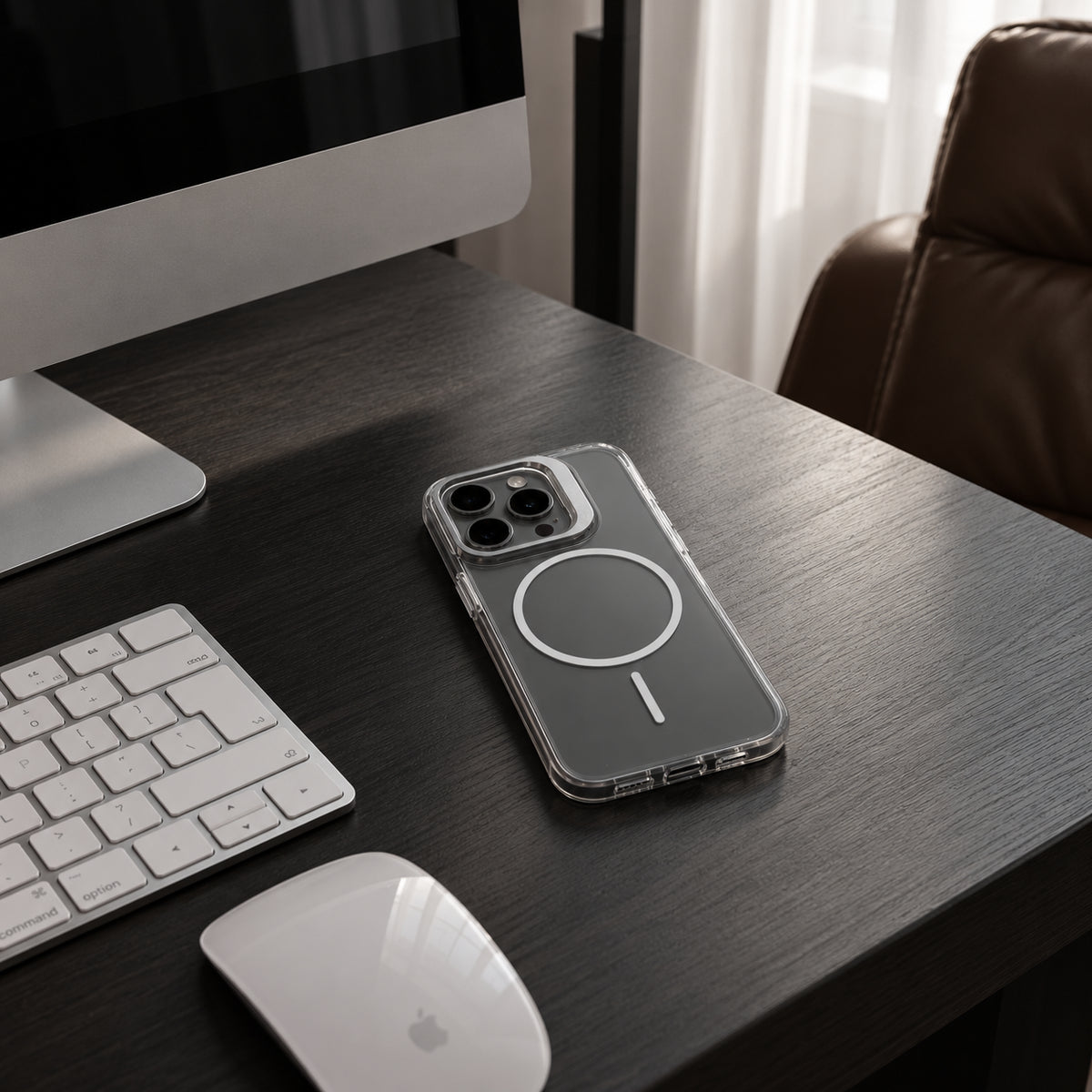 A clear MagSafe-compatible phone case on a silver iPhone, resting on a dark wood desk next to a keyboard, mouse, and computer monitor.