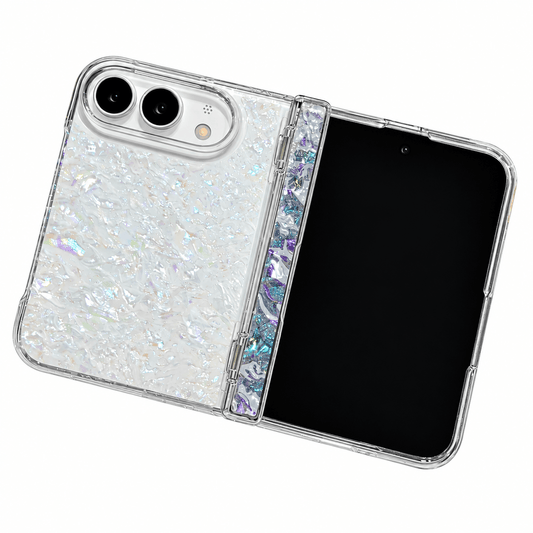 A clear protective case for a foldable smartphone, shown open with a phone inside. The case features an iridescent white textured back panel and a shimmering silver hinge strip with holographic accents.