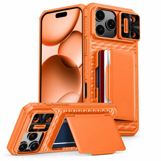 Premium iPhone Case Wallet Card Holder Sliding Camera Cover Foldable Stand PC TPU Dual Layer Heavy Duty Protection