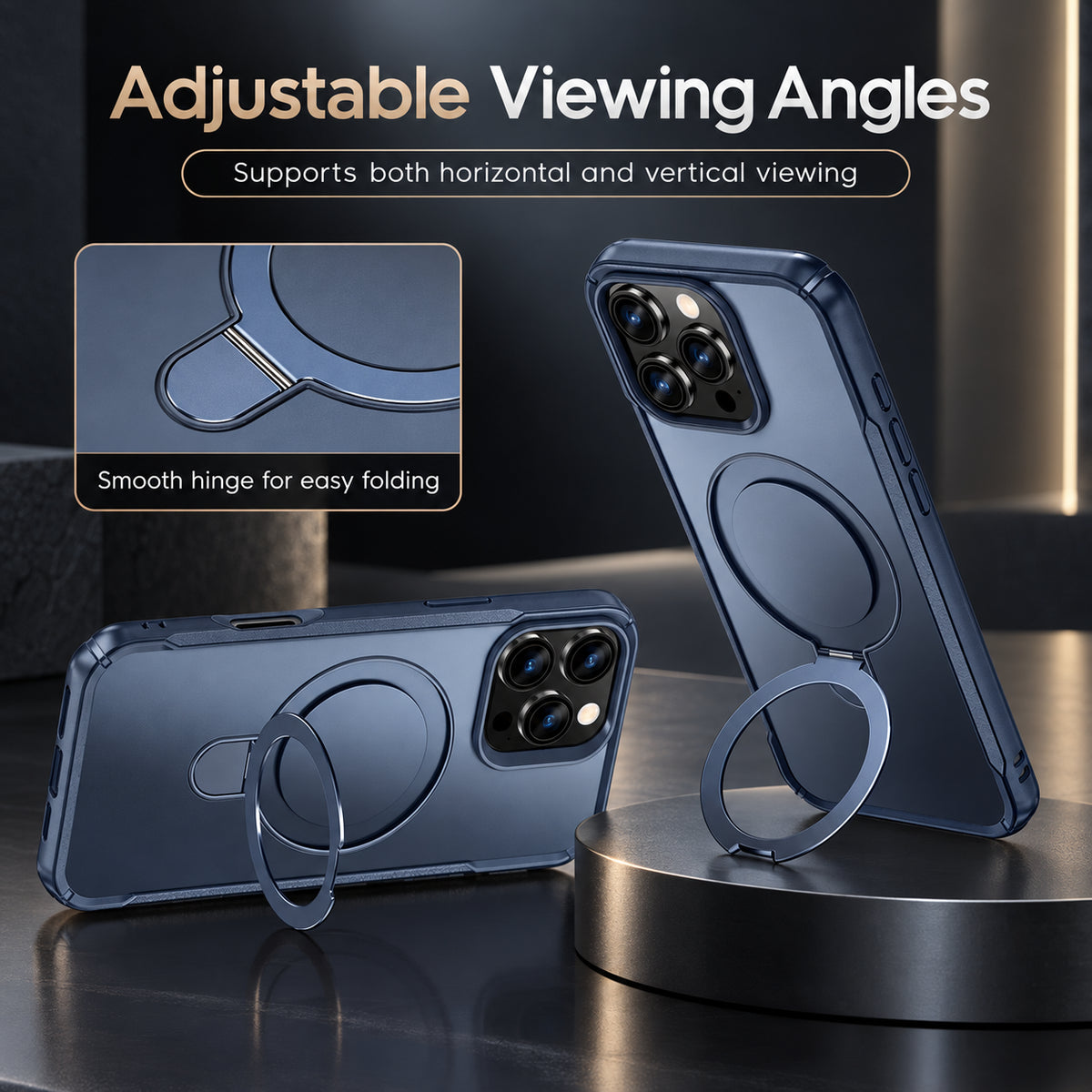 A dark blue transparent phone case with a built-in circular ring stand, shown from multiple angles on a dark studio background. Text at the top reads 'Adjustable Viewing Angles' and a inset shows the hinge detail.