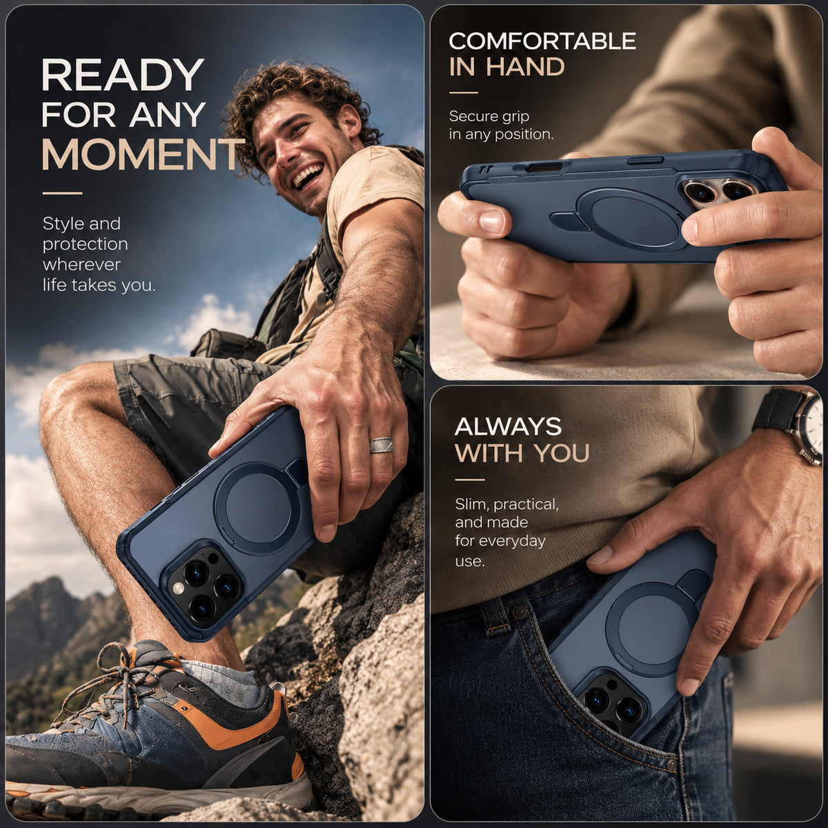 A dark blue magnetic phone case shown in a lifestyle collage with three panels: one panel shows a man outdoors holding the phone in the case, and two panels show close-ups of hands holding and pocketing the case. Text on the panels highlights features like 'READY FOR ANY MOMENT,' 'COMFORTABLE IN ANY POSITION,' and 'ALWAYS WITH YOU.