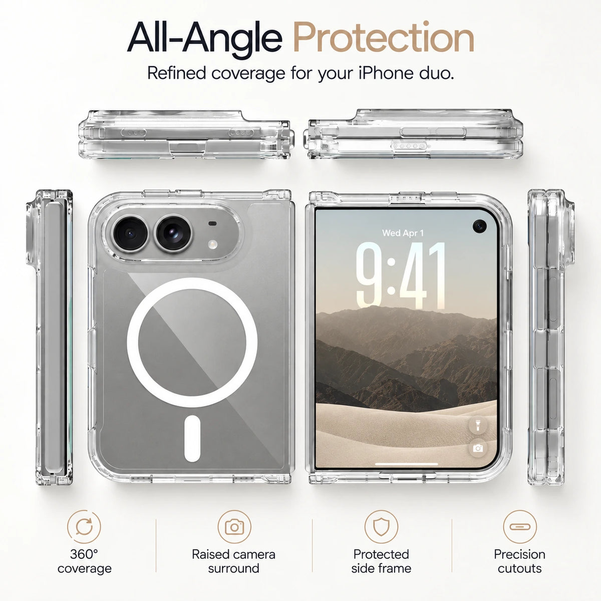 Image of iphone duo slim clear pc & tpu case, showing all angleprotectioncase.
