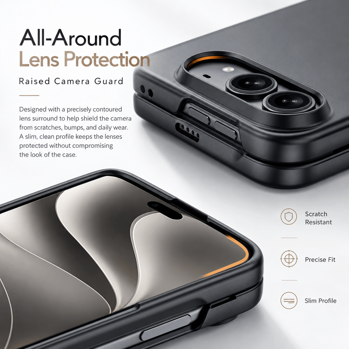 A black protective phone case with a raised camera guard, shown from multiple angles on a clean white background with promotional text highlighting lens protection and features like scratch resistance and slim profile.