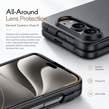 A black protective phone case with a raised camera guard, shown from multiple angles on a clean white background with promotional text highlighting lens protection and features like scratch resistance and slim profile.