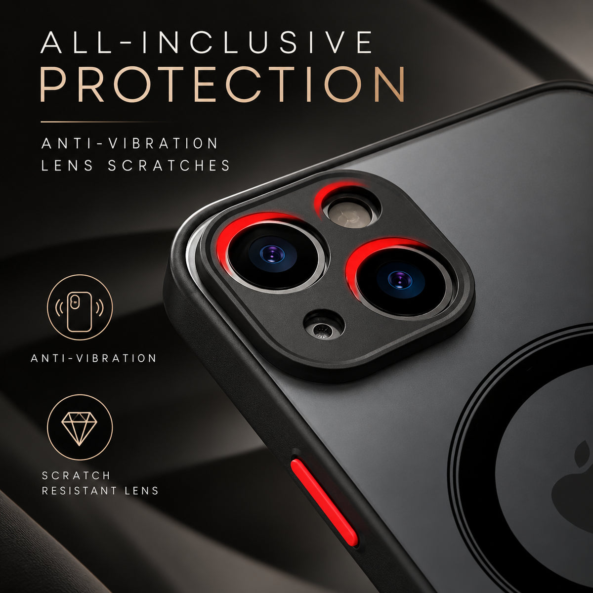 Image showing all Inclusive Camera Lens Protection, featuring iphone hard matte magsafe case with anti-fingerprint finish & slim protection.
