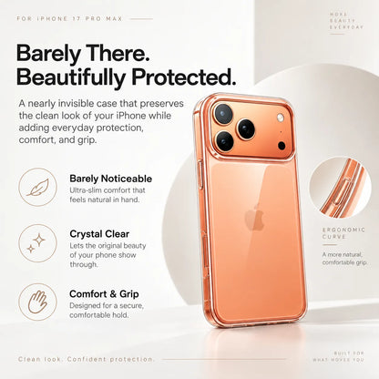 A clear phone case shown on an iPhone with a warm copper/rose-gold reflective finish, presented on a clean white background with marketing text and icons describing the case as barely there, crystal clear, and comfortable.