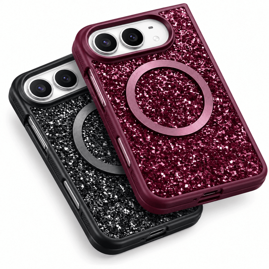 Two protective phone cases with a glitter finish, one in deep burgundy and one in black, both featuring a circular MagSafe-compatible ring on the back, displayed on a clean white background.