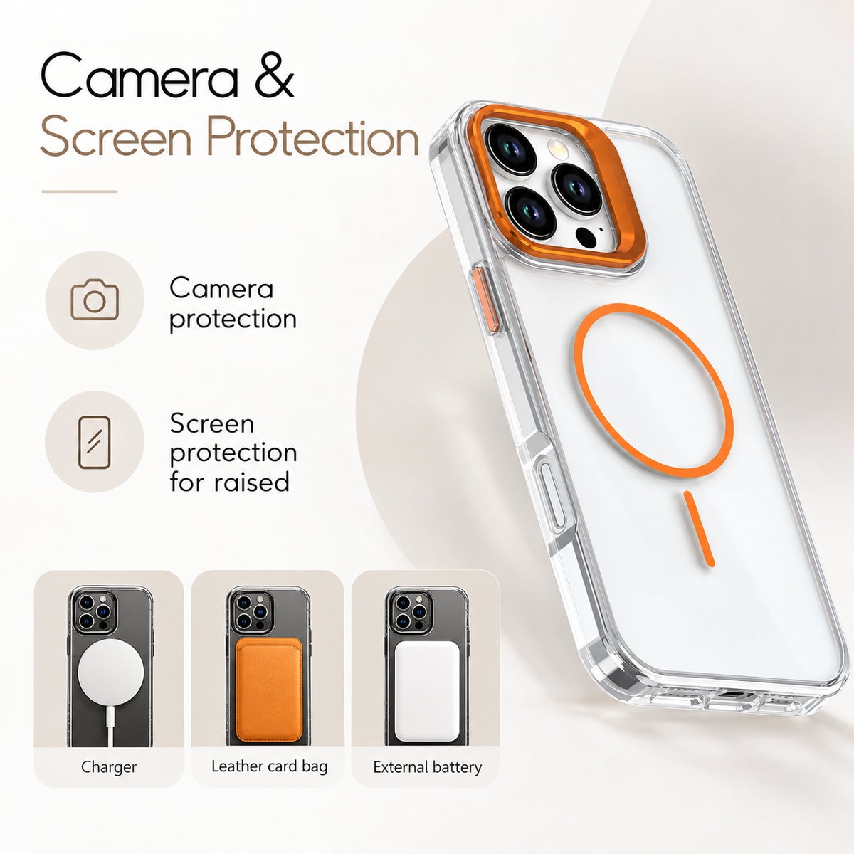Transparent phone case with an orange MagSafe ring and orange camera bumper, shown on a phone against a light beige background with text highlighting camera and screen protection.