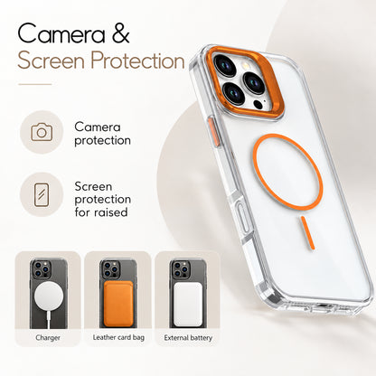 Transparent phone case with an orange MagSafe ring and orange camera bumper, shown on a phone against a light beige background with text highlighting camera and screen protection.