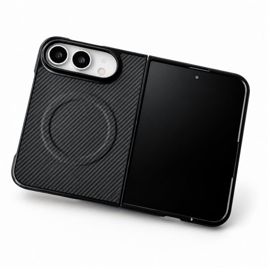 A black protective case for a folding smartphone, featuring a textured carbon-fiber-style back panel with a circular MagSafe-compatible ring and a smooth black front cover, shown on a white background.