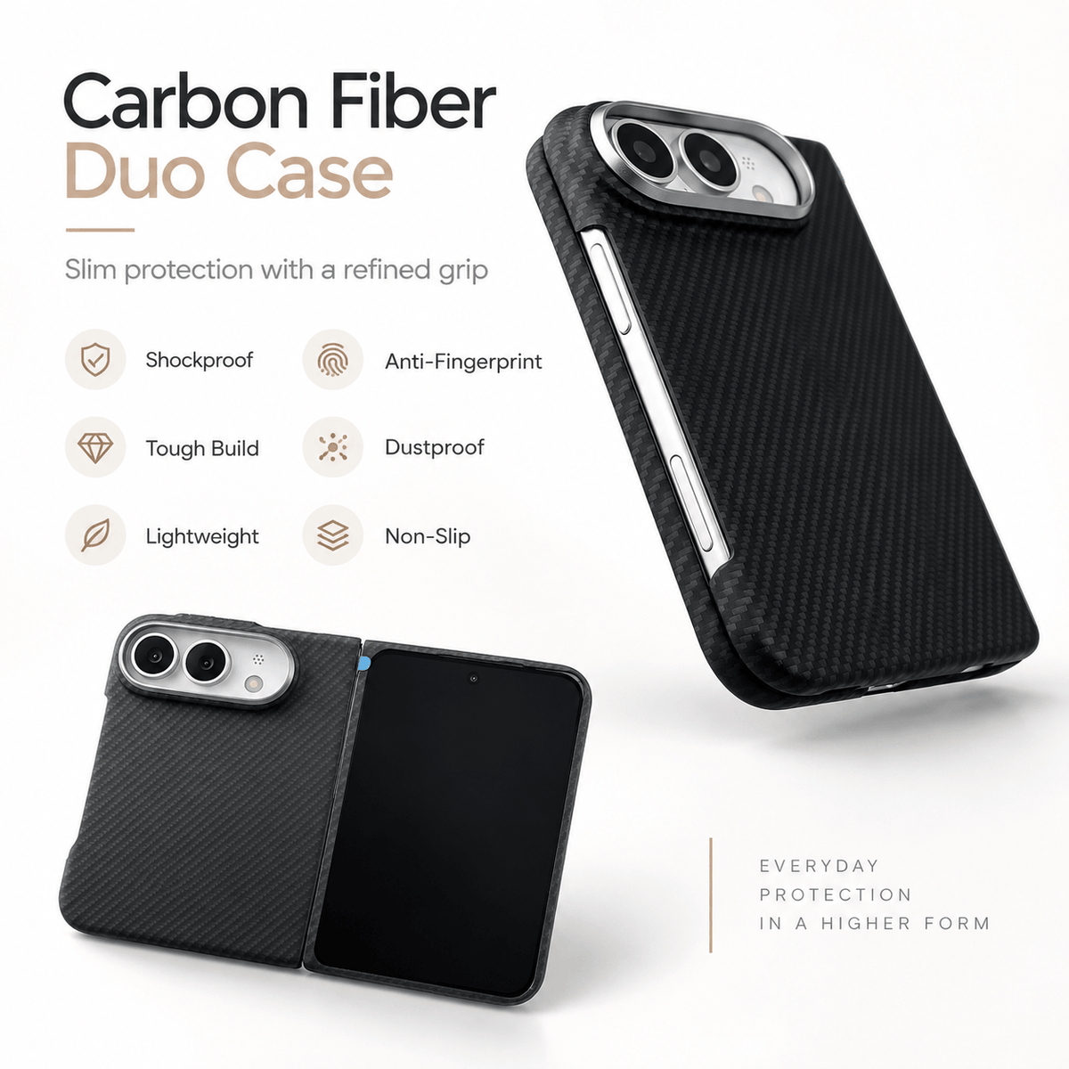 A carbon fiber dual-layer phone case shown on a smartphone in two views on a clean white background, with marketing text and feature icons including shockproof, anti-fingerprint, tough build, dustproof, and lightweight.