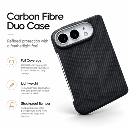 A carbon fibre phone case with a textured black and dark gray weave pattern, shown on a white background with promotional text and feature callouts.