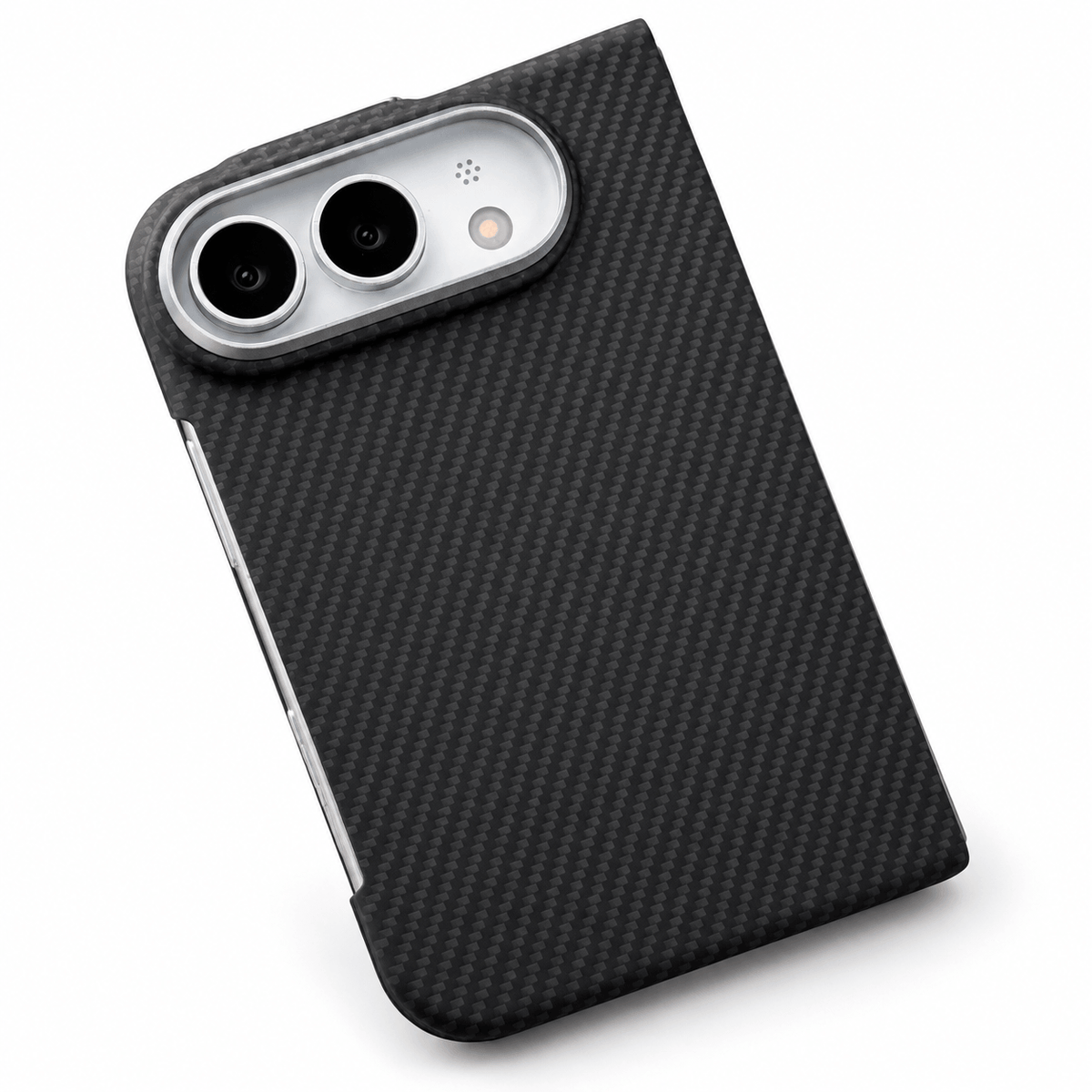 A black carbon fiber pattern phone case with a silver camera bumper, shown from an angled perspective on a white background.