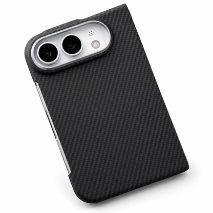 A black carbon fiber pattern phone case with a silver camera bumper, shown from an angled perspective on a white background.