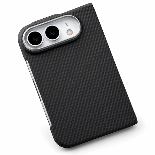 A black carbon fiber pattern phone case with a silver camera bumper, shown from an angled perspective on a white background.