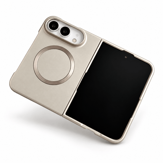 A metallic champagne gold magnetic folding phone case shown on a silver folding smartphone, displayed at an angle on a clean white background.