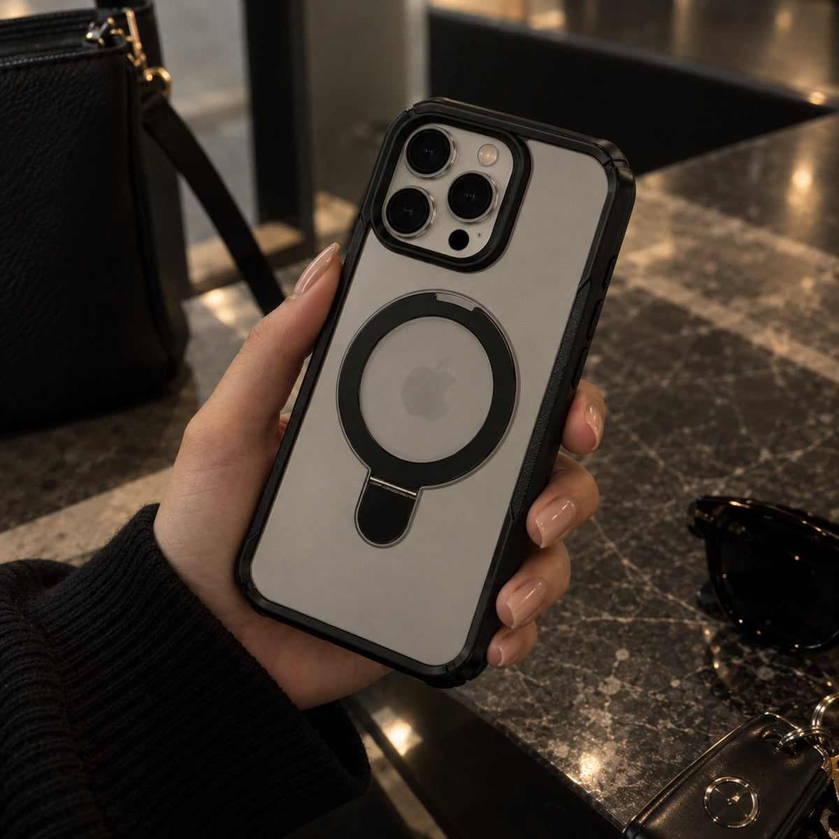 A hand holding a phone case with a black MagSafe ring on a light gray back, set against a dark marble countertop with a black handbag and sunglasses in the background.