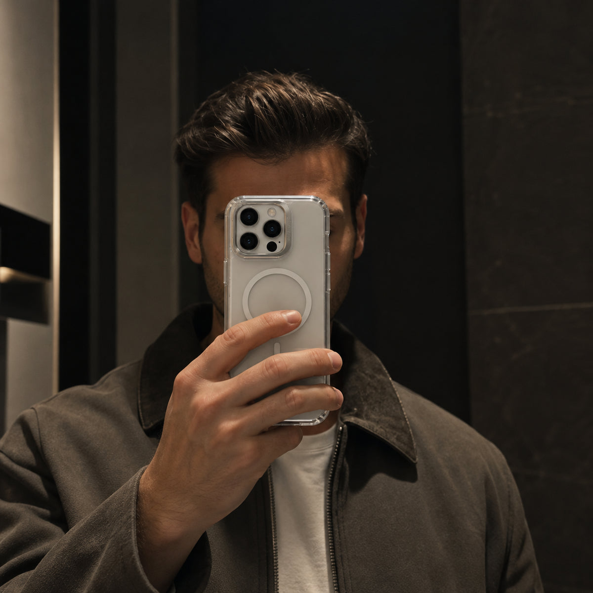 A man takes a mirror selfie showing a clear protective phone case on a silver smartphone, wearing a brown jacket over a white t-shirt against a dark background.