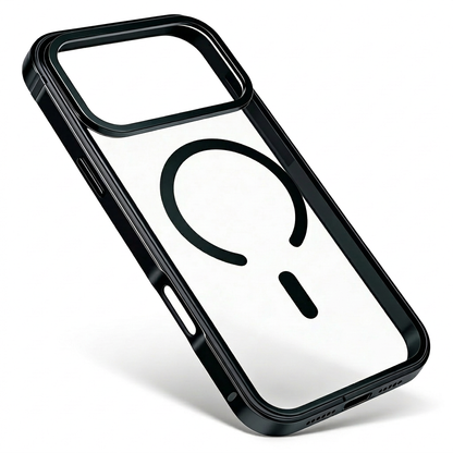 Black-framed clear phone case tilted diagonally, showing its ring and bar, broad camera opening, side cutouts and bottom charging-port opening.