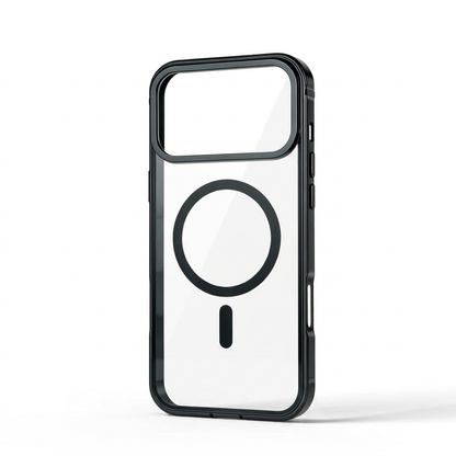 Upright clear phone case with a dark gray border, wide rectangular camera opening and a circular ring with a short vertical bar on the back.