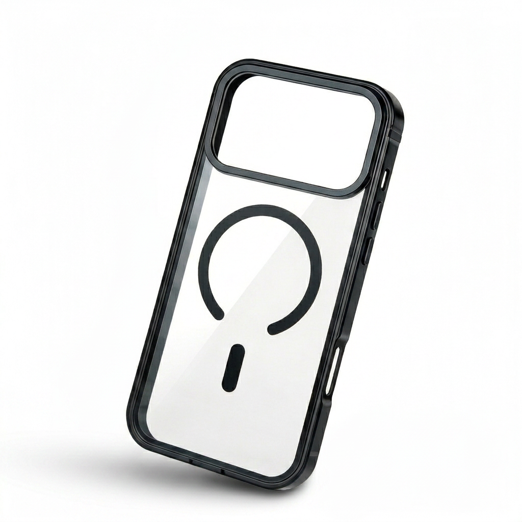 Clear-backed phone case leaning at an angle, with a black rim, wide camera opening and open circular ring above a short black bar.