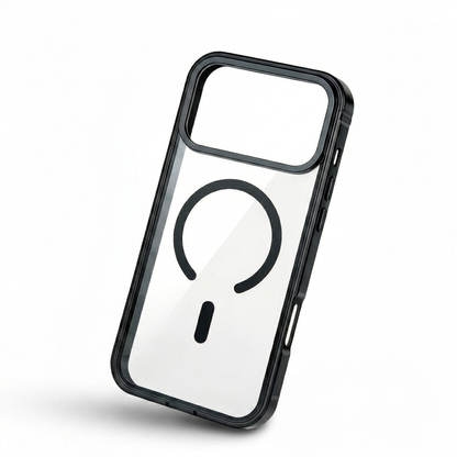 Clear-backed phone case leaning at an angle, with a black rim, wide camera opening and open circular ring above a short black bar.