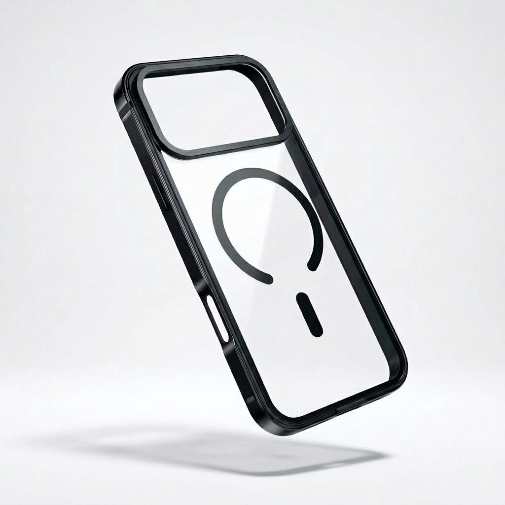Black-framed clear phone case floating diagonally above a shadow, showing its wide camera opening and black horseshoe-shaped ring and bar.
