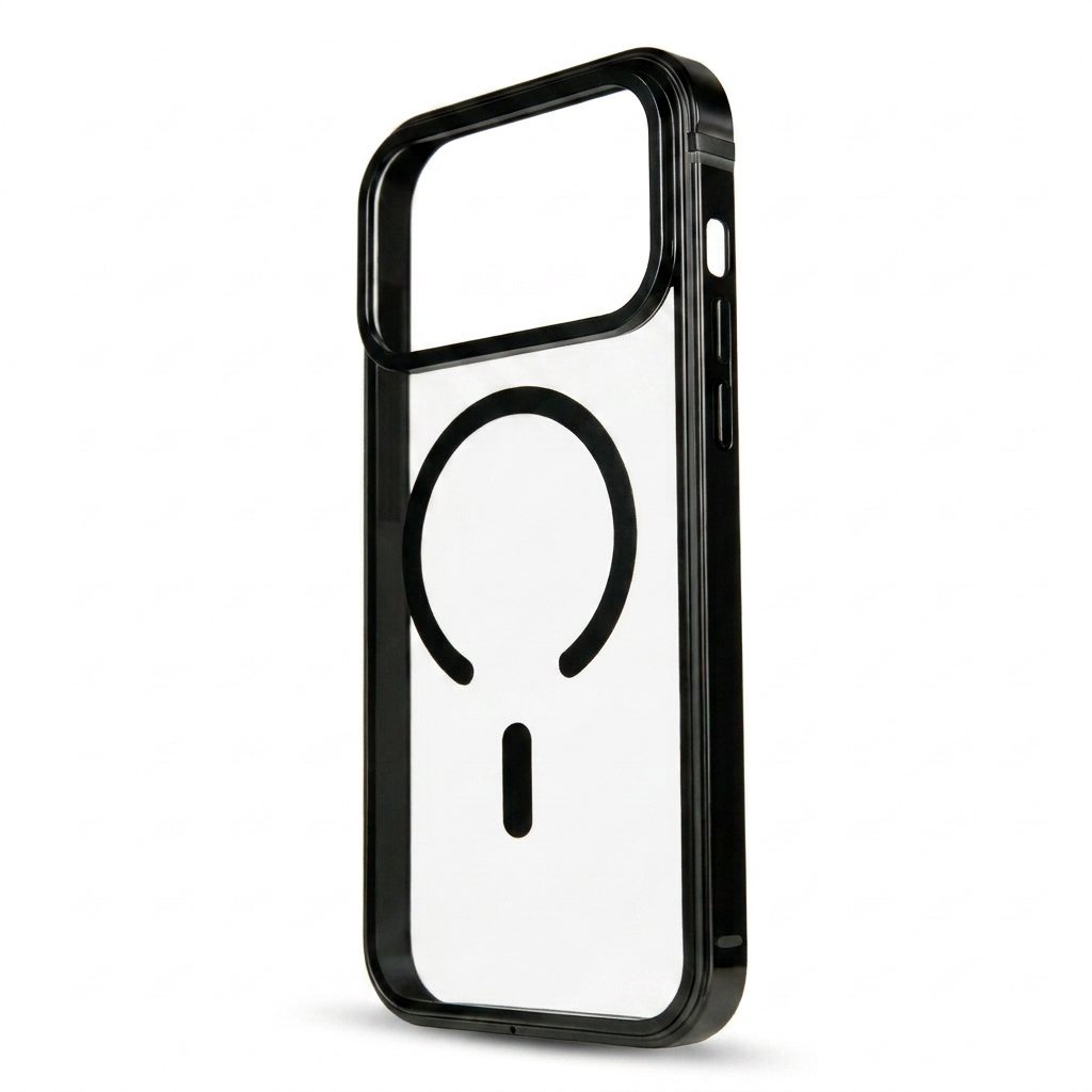 Clear-backed phone case standing upright with a glossy black frame, wide camera opening and black horseshoe-shaped ring with a short bar below.