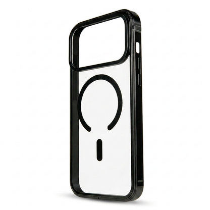 Clear-backed phone case standing upright with a glossy black frame, wide camera opening and black horseshoe-shaped ring with a short bar below.