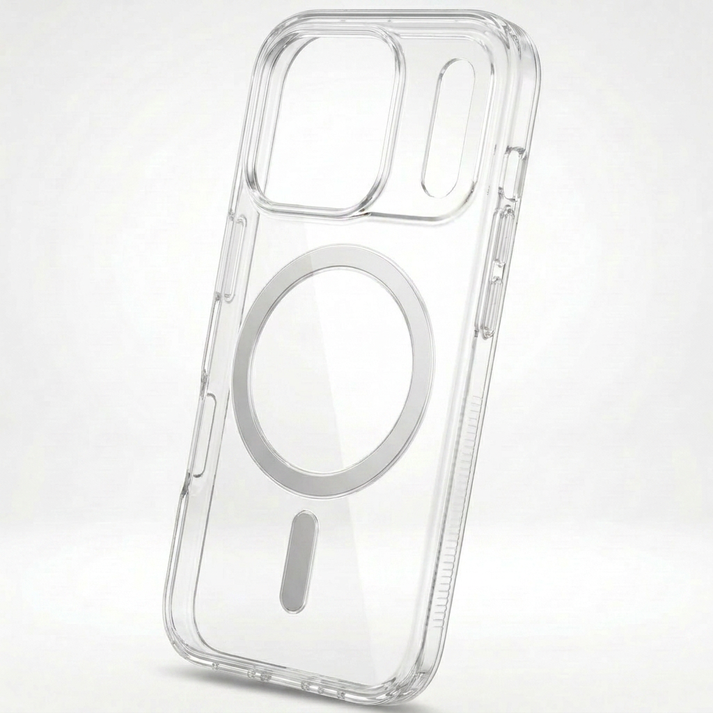 Clear phone case tilted slightly, showing its silver ring and short bar, raised camera opening and transparent rim.