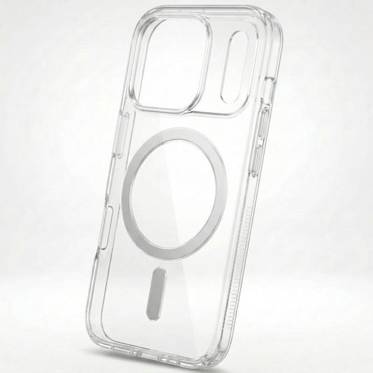 Clear phone case tilted slightly, showing its silver ring and short bar, raised camera opening and transparent rim.